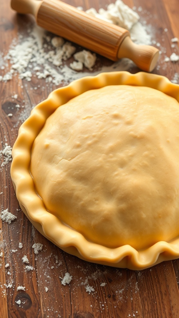 Golden brown homemade pie crust on a wooden table, ready for filling.